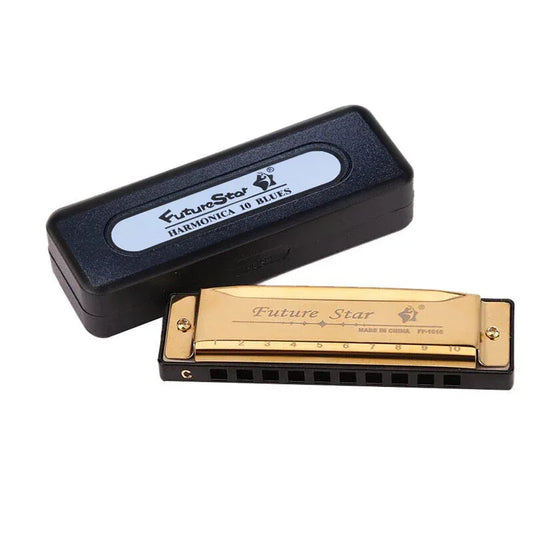 Harmonica 10 Holes Key Of C Blue Blues Harp Stainless Steel Brass - Gold - Mekamart Australia