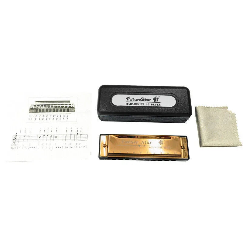 Harmonica 10 Holes Key Of C Blue Blues Harp Stainless Steel Brass - Gold - Mekamart Australia