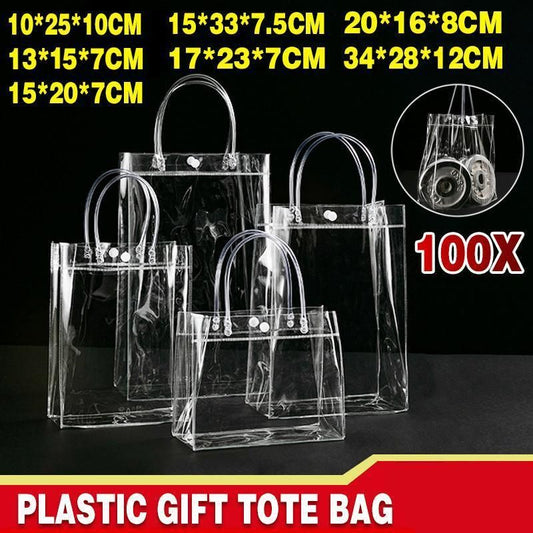 100x PVC Transparent Gift Tote Bag with Snap Button for Packaging - 20*16*8cm