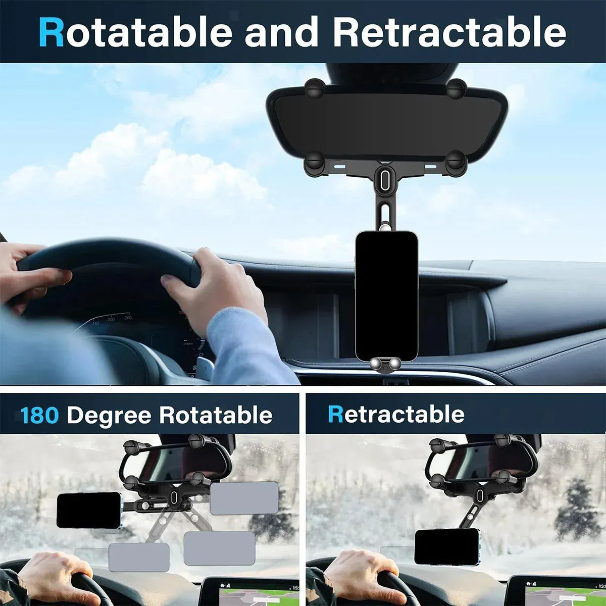 Mobile Phone Rearview Mirror Holder Strong Grip Fits Most Smartphones Car Use