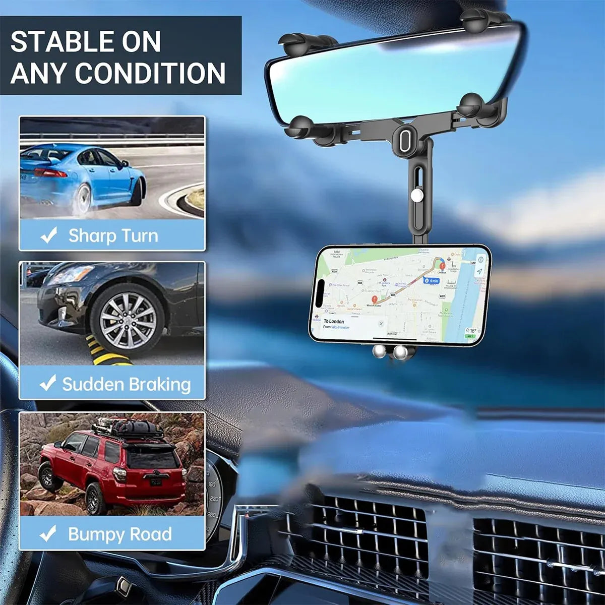 Mobile Phone Rearview Mirror Holder Strong Grip Fits Most Smartphones Car Use