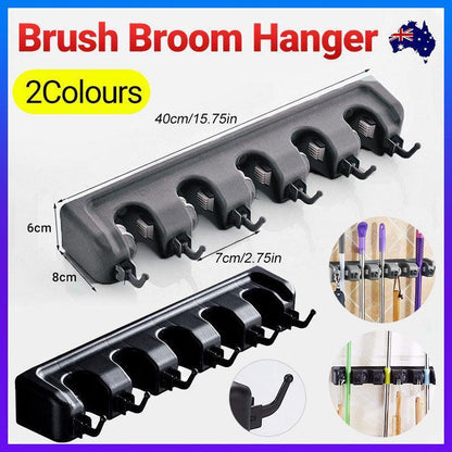 Broom Hanger Mop Holder Wall Mounted Brush Storage Rack Organizer Kitchen Tool - Black - Mekamart Australia