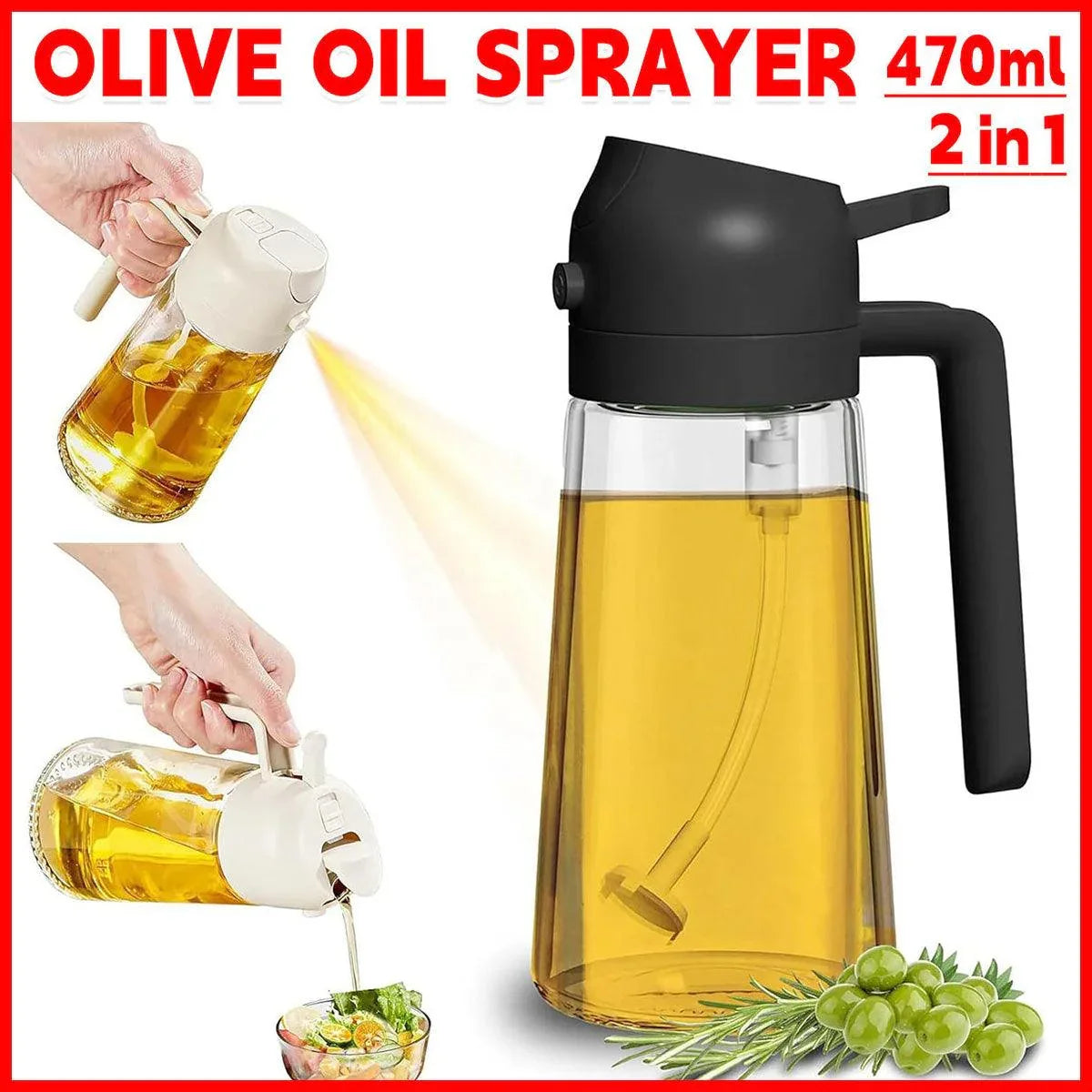 2-in-1 470ml Glass Oil Bottle Spray Pour Automatic Pressure Control Kitchen Tool - Black - Mekamart Australia