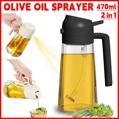2-in-1 470ml Glass Oil Bottle Spray Pour Automatic Pressure Control Kitchen Tool - Black - Mekamart Australia
