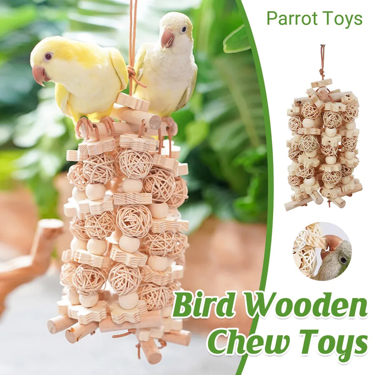 Wooden Parrot Chew Toy Bird Interactive Biting Toy Natural Rattan for Cage