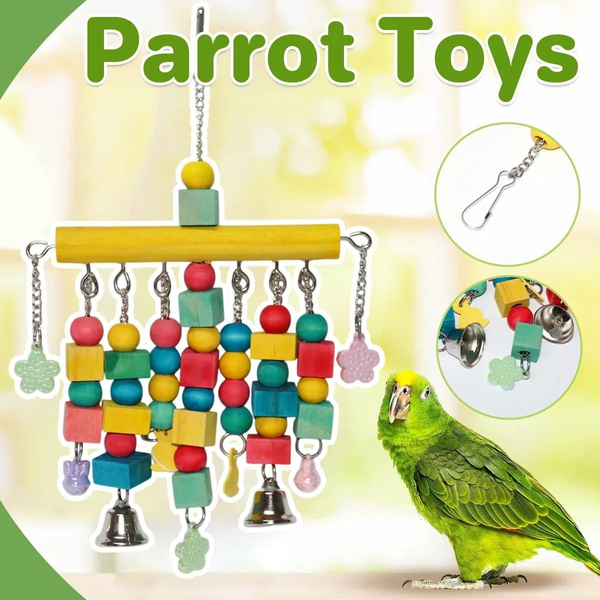 Nordic Woven Parrot Toy with Wooden Blocks Hanging Bird Cage Pendant