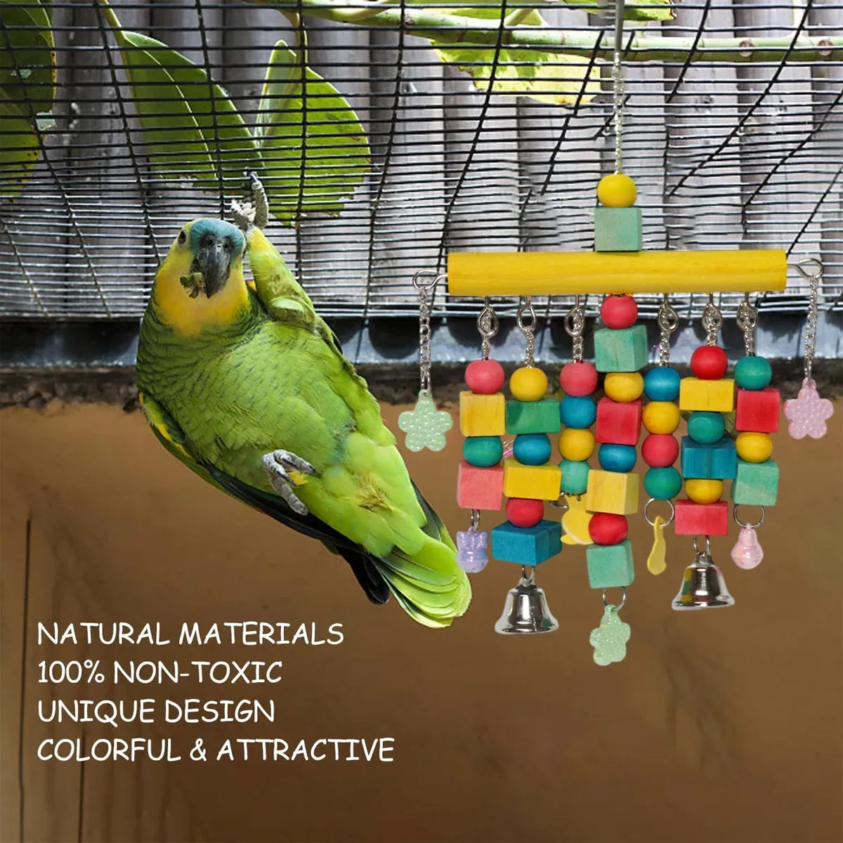 Nordic Woven Parrot Toy with Wooden Blocks Hanging Bird Cage Pendant