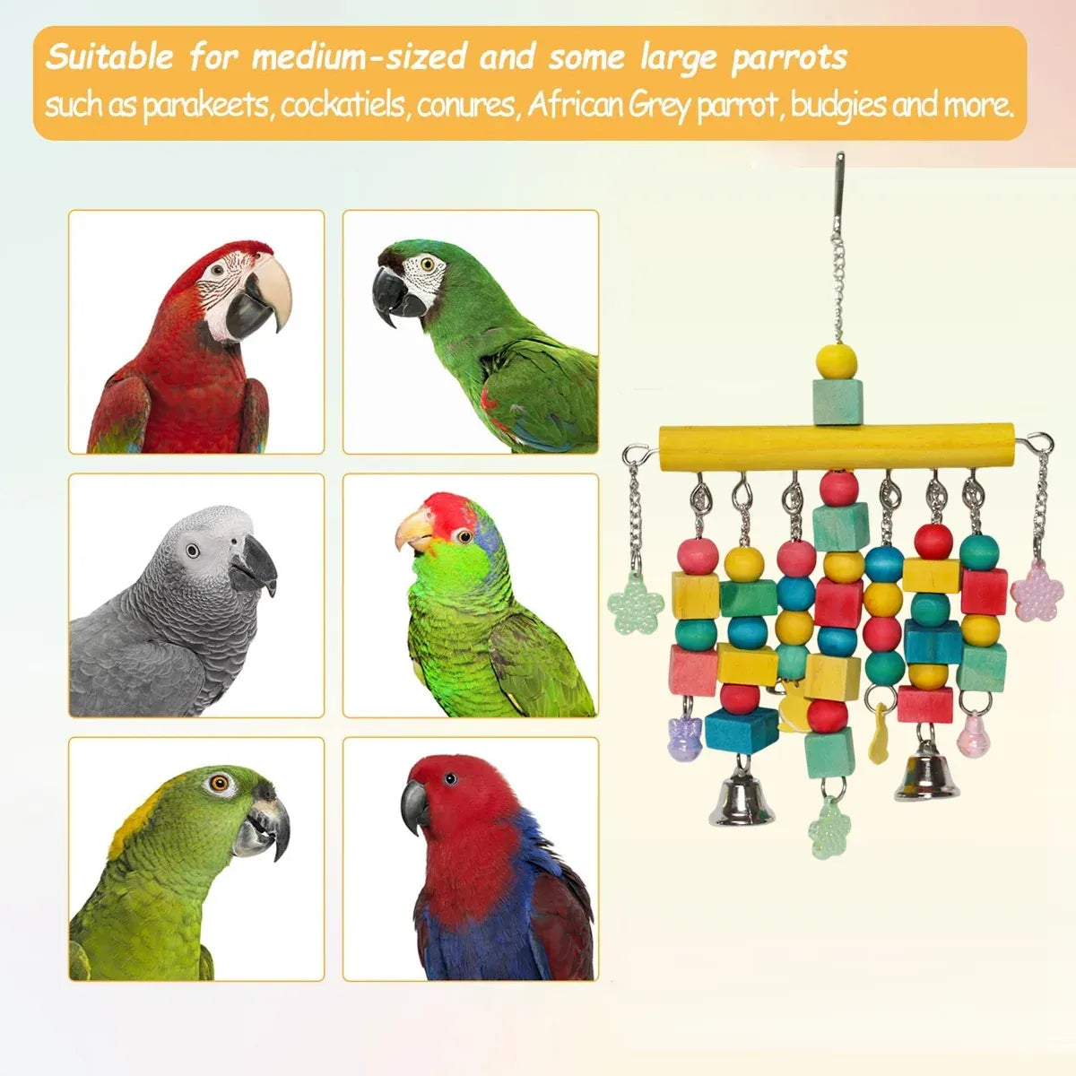 Nordic Woven Parrot Toy with Wooden Blocks Hanging Bird Cage Pendant