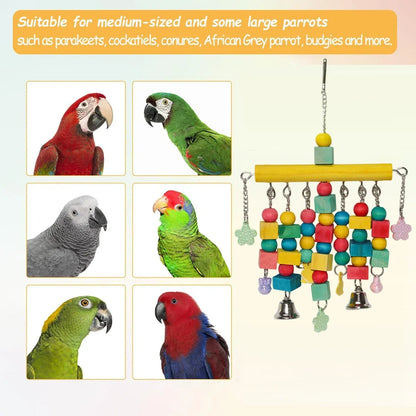 Nordic Woven Parrot Toy with Wooden Blocks Hanging Bird Cage Pendant