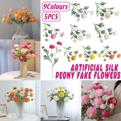 5pcs Artificial Peony Silk Flowers Bouquet Decor Faux Floral Arrangements - Champagne - Mekamart Australia