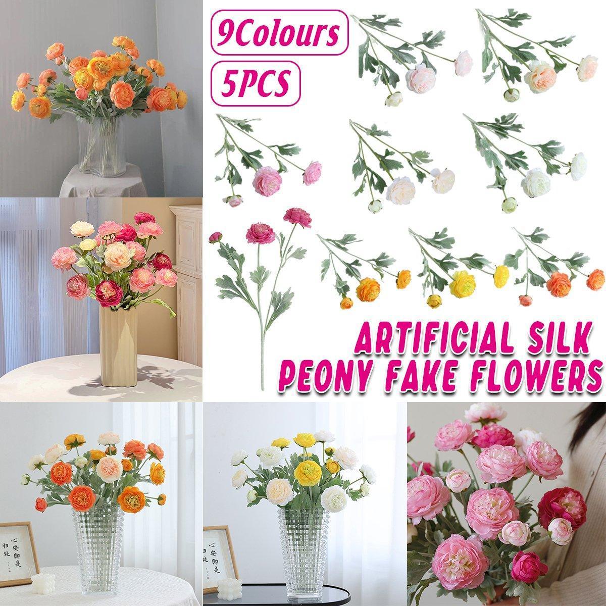 5pcs Artificial Peony Silk Flowers Bouquet Decor Faux Floral Arrangements - Purple Red - Mekamart Australia