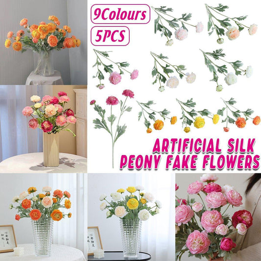 5pcs Artificial Peony Silk Flowers Bouquet Decor Faux Floral Arrangements - Purple Red - Mekamart Australia