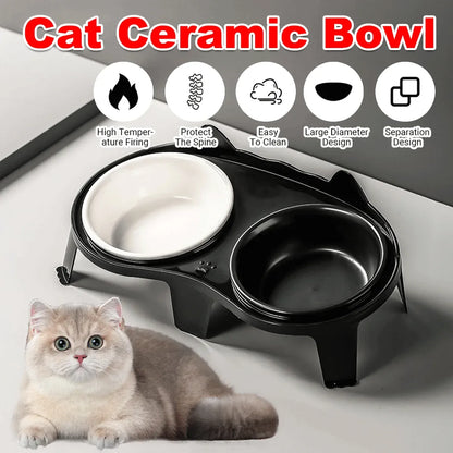 Cat Feeding Bowl Set Slanted Double Bowl Ceramic Raised Pet Feeder Non Slip Base