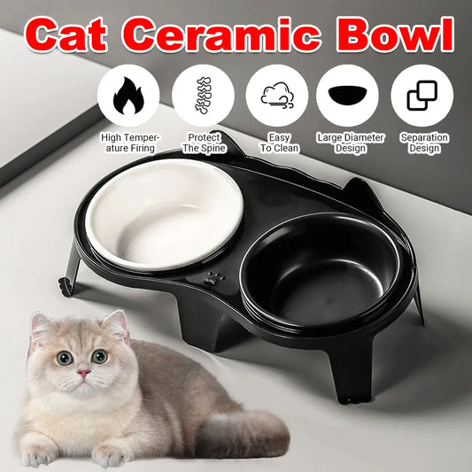 Cat Feeding Bowl Set Slanted Double Bowl Ceramic Raised Pet Feeder Non Slip Base
