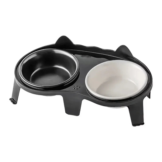 Cat Feeding Bowl Set Slanted Double Bowl Ceramic Raised Pet Feeder Non Slip Base