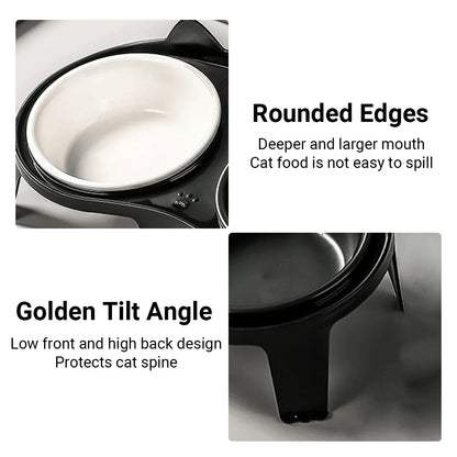 Cat Feeding Bowl Set Slanted Double Bowl Ceramic Raised Pet Feeder Non Slip Base