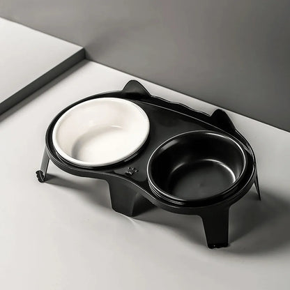 Cat Feeding Bowl Set Slanted Double Bowl Ceramic Raised Pet Feeder Non Slip Base