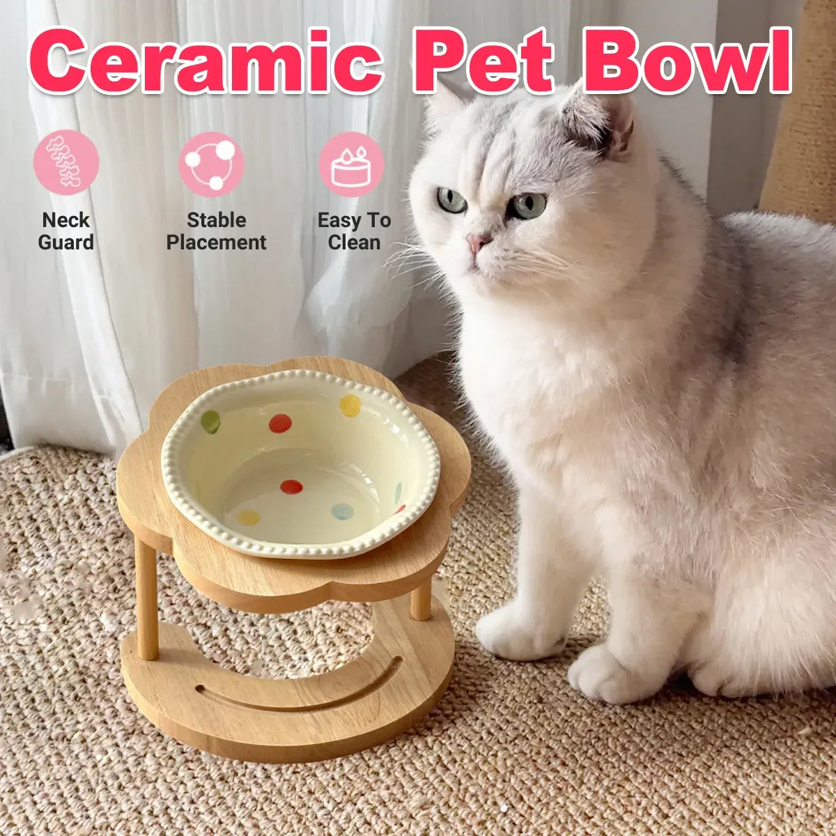 Ceramic Pet Food Bowl with Wooden Base Non Slip for Cats Small Dogs Easy Clean