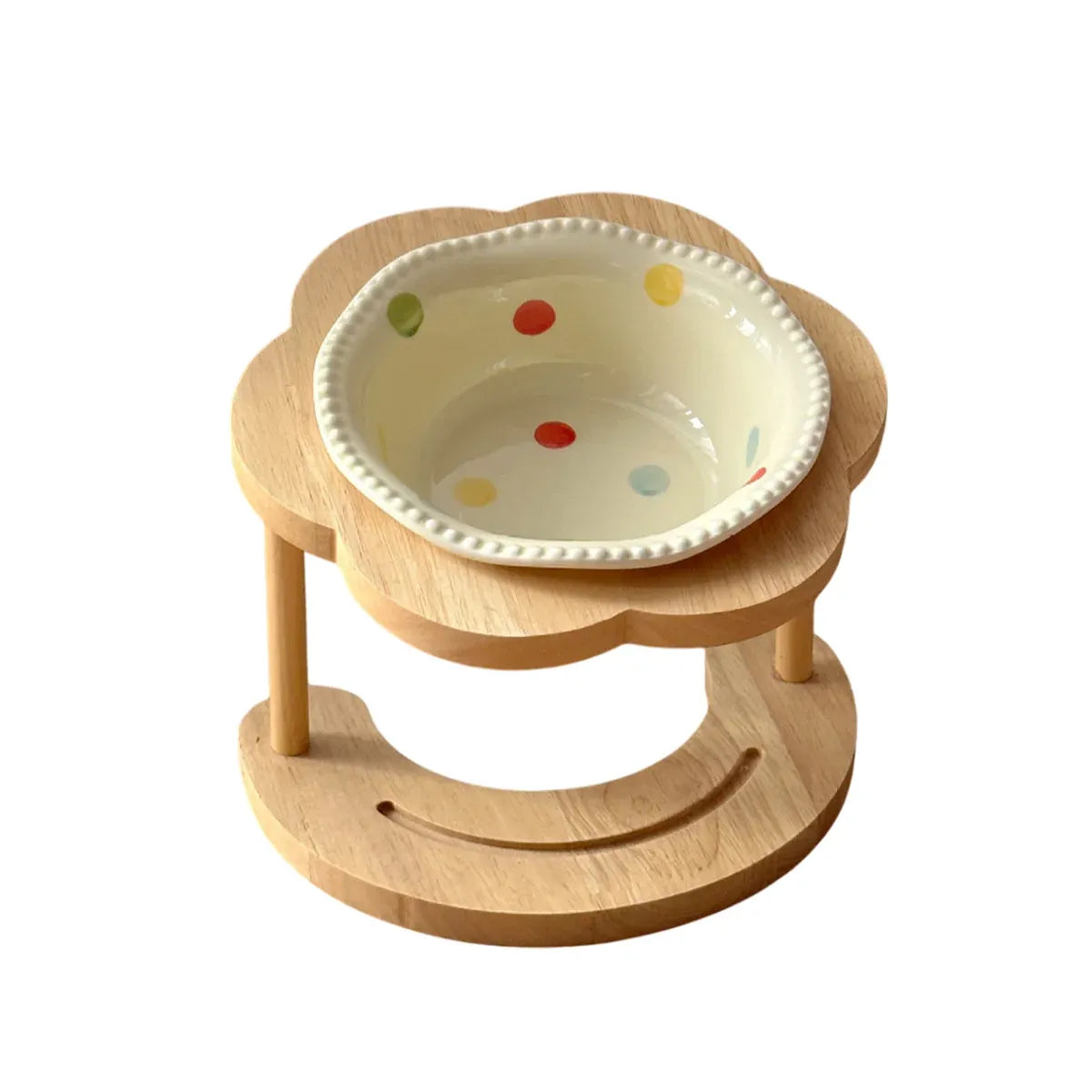Ceramic Pet Food Bowl with Wooden Base Non Slip for Cats Small Dogs Easy Clean
