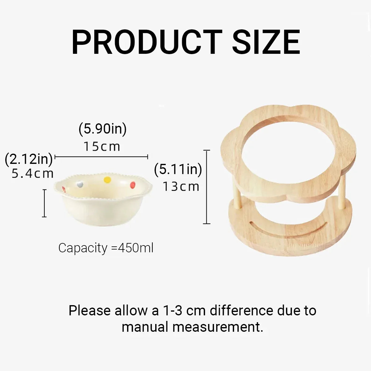 Ceramic Pet Food Bowl with Wooden Base Non Slip for Cats Small Dogs Easy Clean