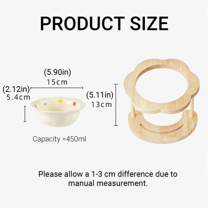 Ceramic Pet Food Bowl with Wooden Base Non Slip for Cats Small Dogs Easy Clean