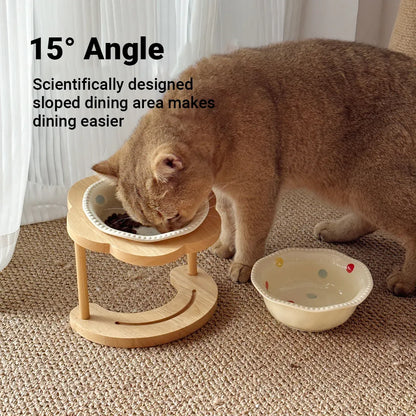 Ceramic Pet Food Bowl with Wooden Base Non Slip for Cats Small Dogs Easy Clean