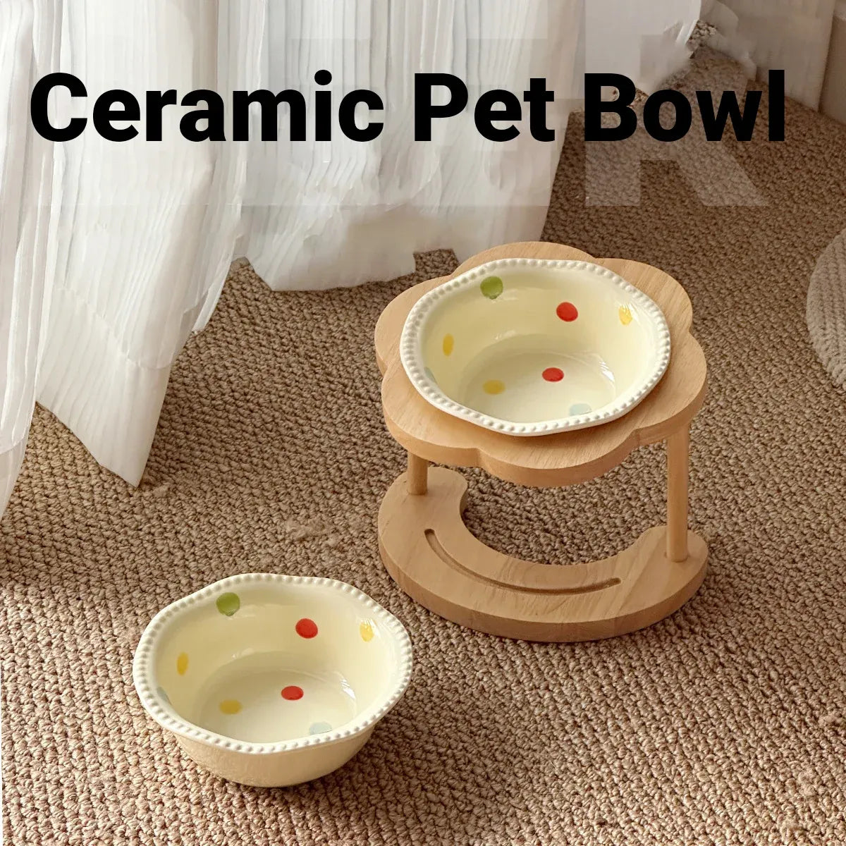 Ceramic Pet Food Bowl with Wooden Base Non Slip for Cats Small Dogs Easy Clean