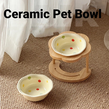 Ceramic Pet Food Bowl with Wooden Base Non Slip for Cats Small Dogs Easy Clean