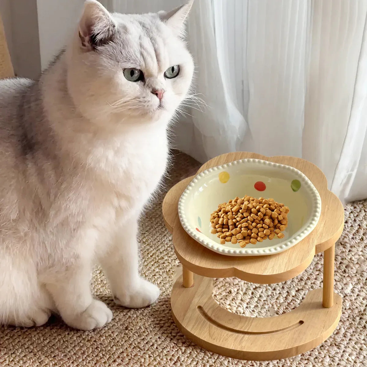 Ceramic Pet Food Bowl with Wooden Base Non Slip for Cats Small Dogs Easy Clean