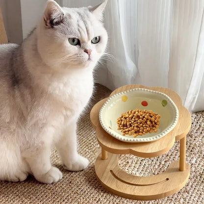 Ceramic Pet Food Bowl with Wooden Base Non Slip for Cats Small Dogs Easy Clean
