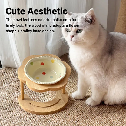 Ceramic Pet Food Bowl with Wooden Base Non Slip for Cats Small Dogs Easy Clean