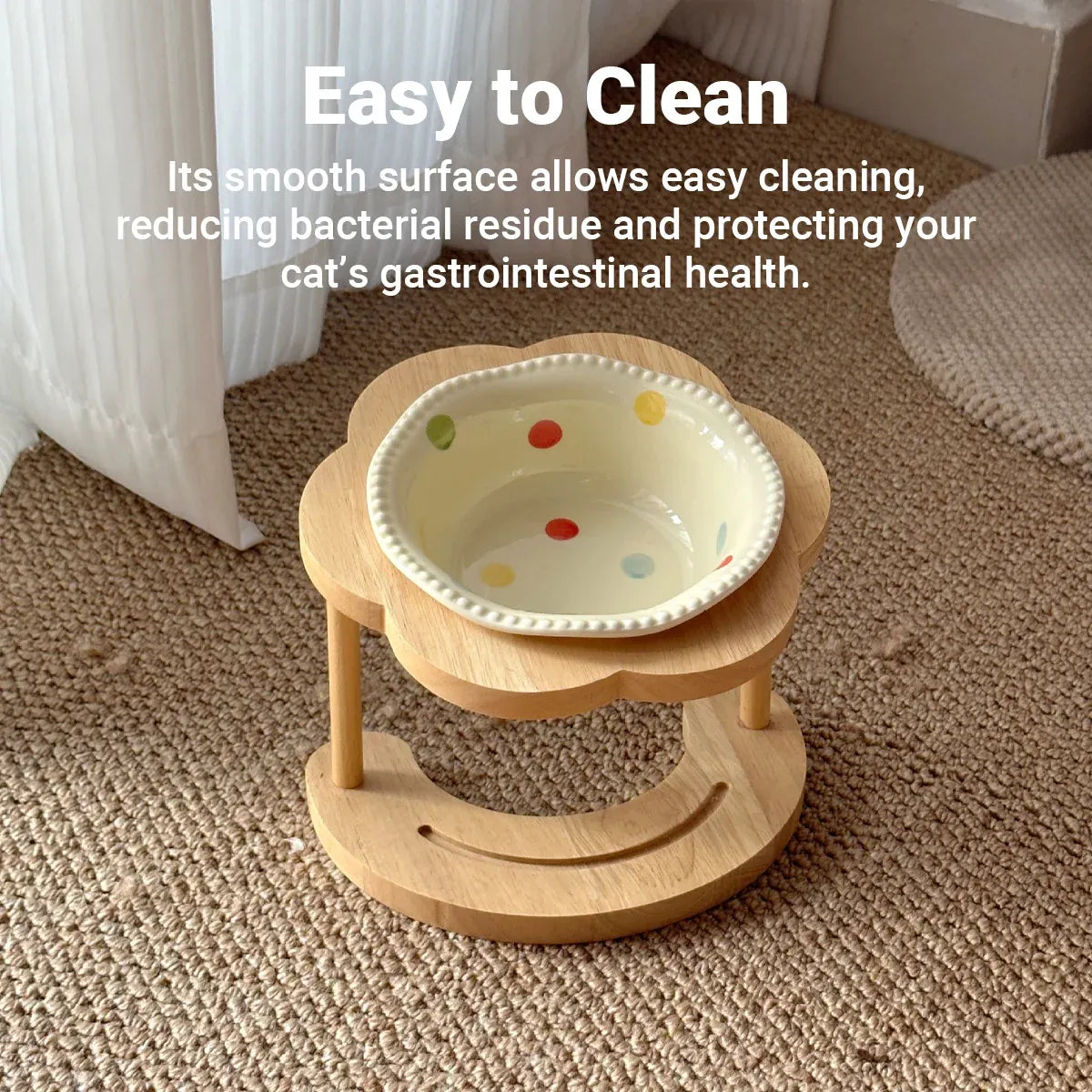 Ceramic Pet Food Bowl with Wooden Base Non Slip for Cats Small Dogs Easy Clean