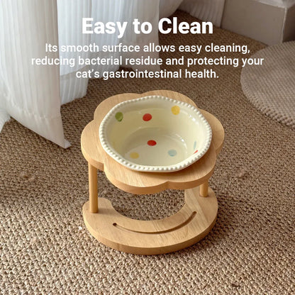 Ceramic Pet Food Bowl with Wooden Base Non Slip for Cats Small Dogs Easy Clean
