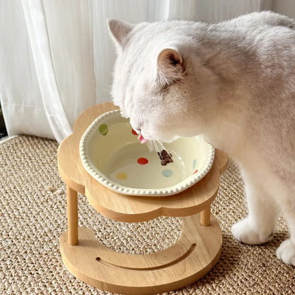 Ceramic Pet Food Bowl with Wooden Base Non Slip for Cats Small Dogs Easy Clean