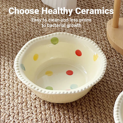 Ceramic Pet Food Bowl with Wooden Base Non Slip for Cats Small Dogs Easy Clean