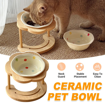 Ceramic Pet Food Bowl with Wooden Base Non Slip for Cats Small Dogs Easy Clean