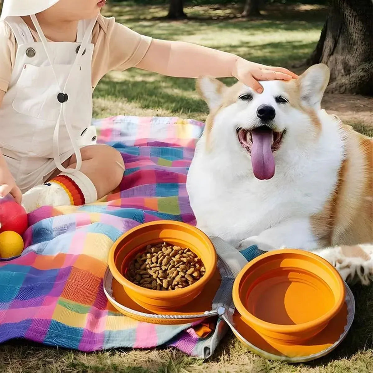 Pet Travel Feeding Bowl Set Portable Foldable Dog Cat Food Water Dish Outdoor - Beige