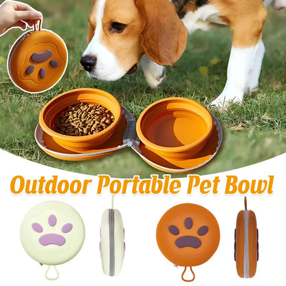 Pet Travel Feeding Bowl Set Portable Foldable Dog Cat Food Water Dish Outdoor - Brown