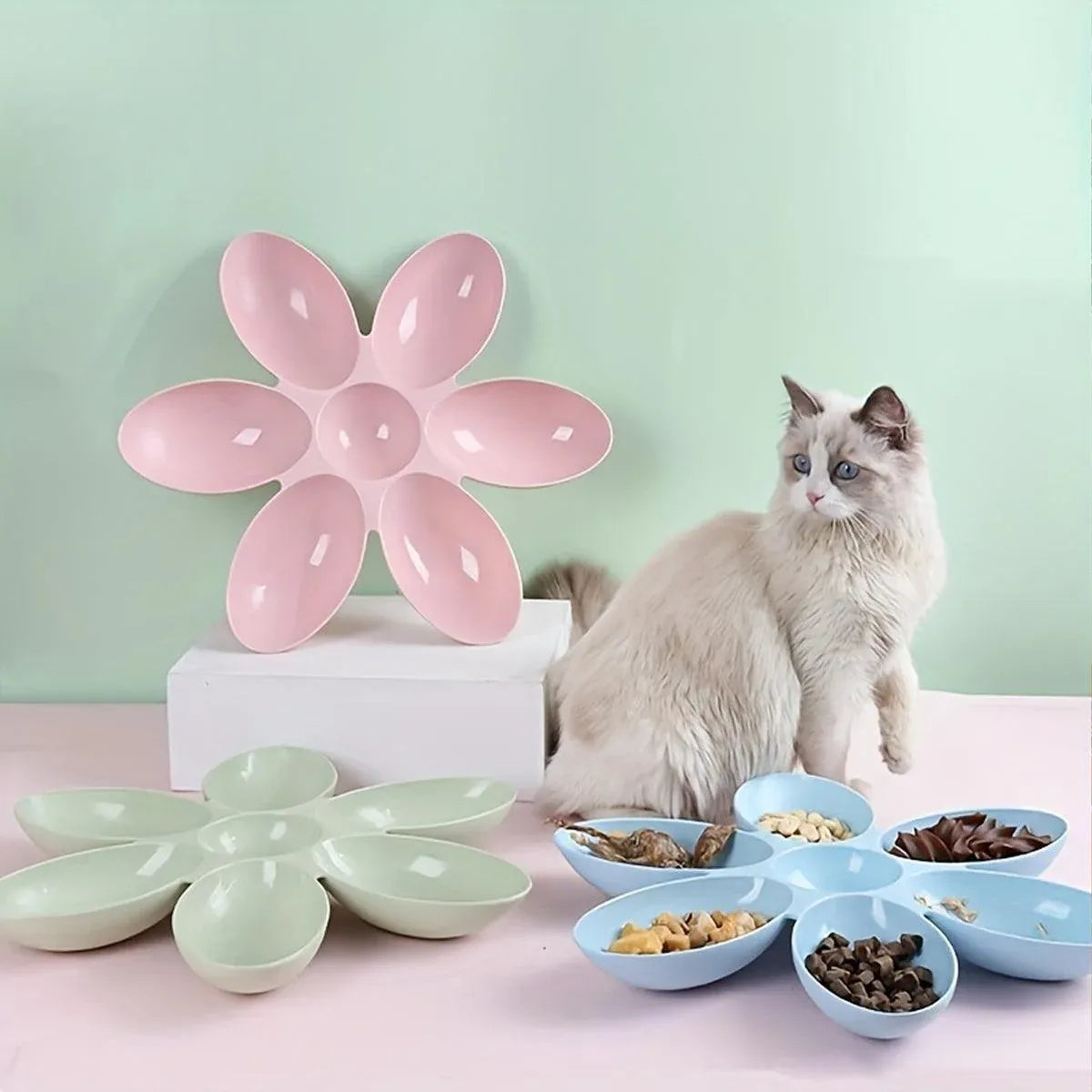 Multi Cat Feeding Bowl Petal Design Kitten Milk Bowl Puppy Dog Food Water Dish - Blue