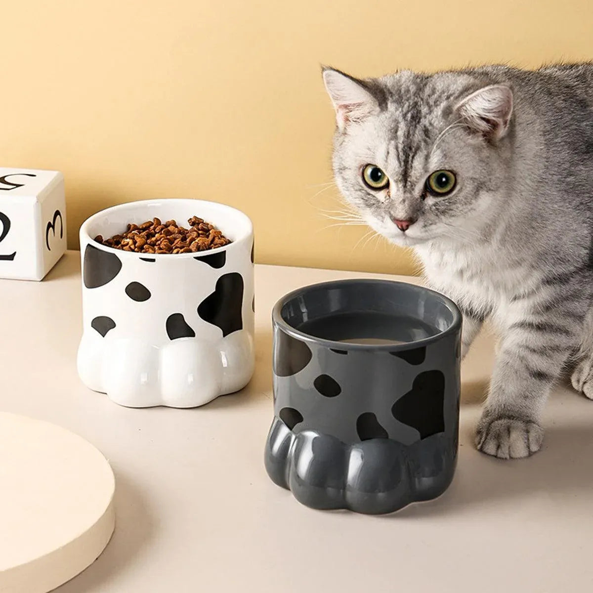 Ceramic Cat Food Bowl Cute Drinking Bowl for Pets Non Slip Food Water Dish Bowl - Grey