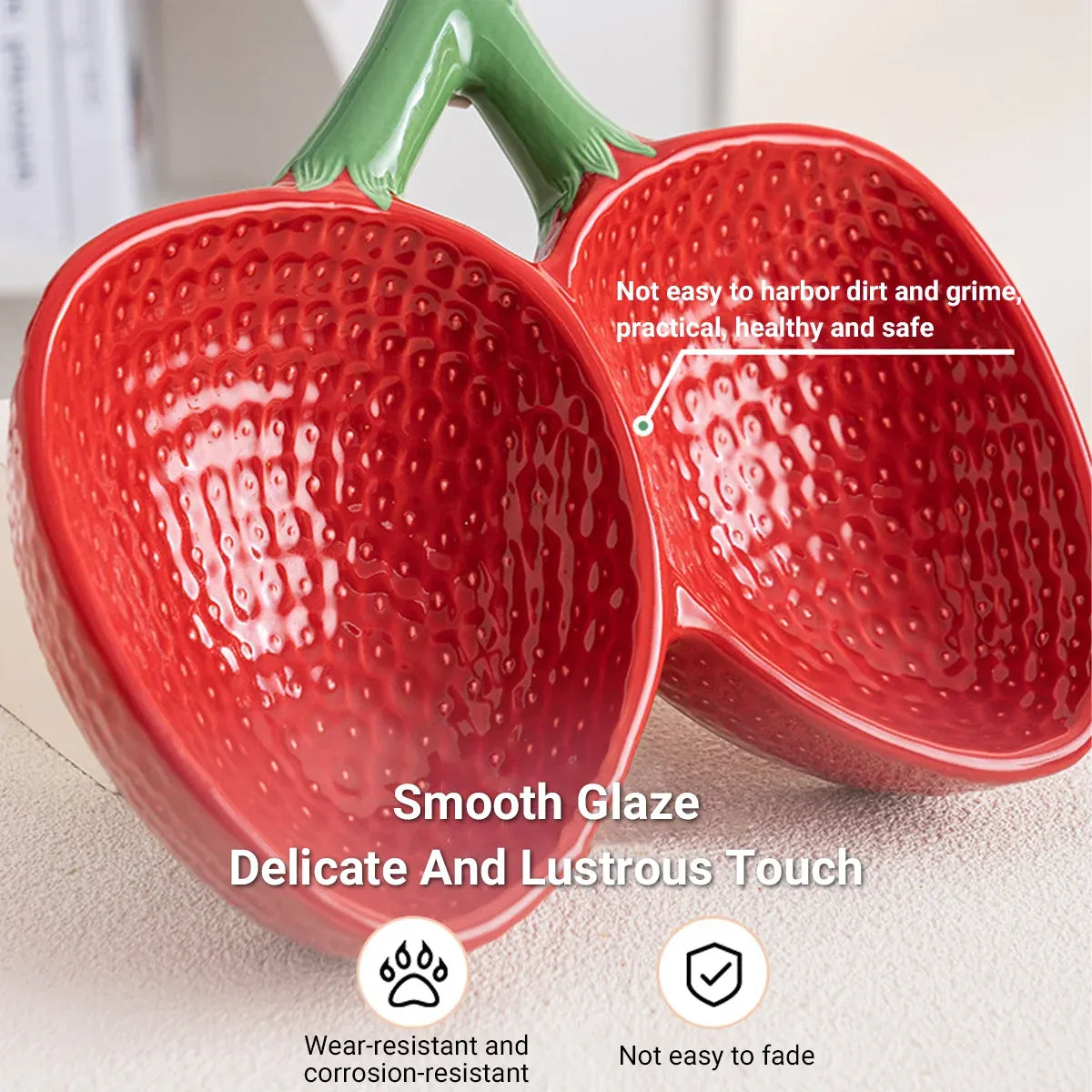Strawberry Ceramic Tilted Pet Bowl Set Cat Dog Double Elevated Non Slip Feeding