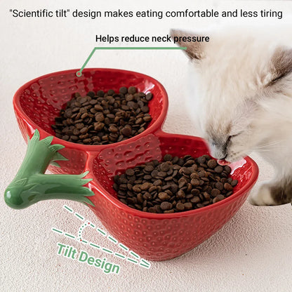 Strawberry Ceramic Tilted Pet Bowl Set Cat Dog Double Elevated Non Slip Feeding
