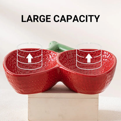 Strawberry Ceramic Tilted Pet Bowl Set Cat Dog Double Elevated Non Slip Feeding