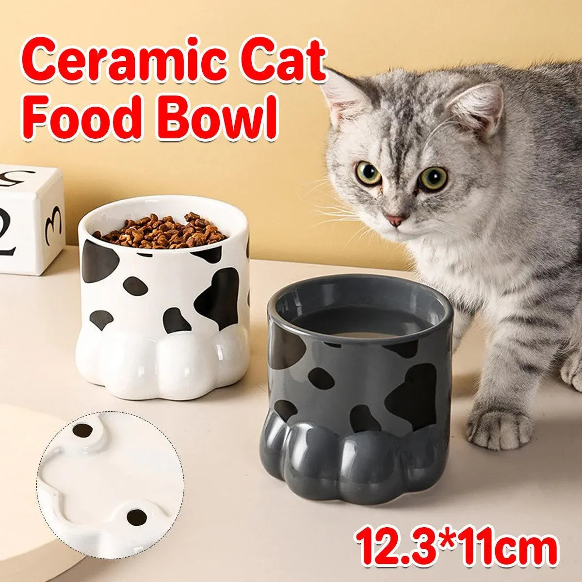 Ceramic Cat Food Bowl Cute Drinking Bowl for Pets Non Slip Food Water Dish Bowl - White