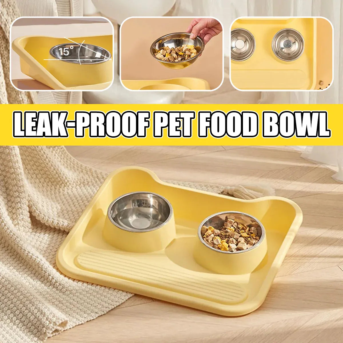 Double Pet Feeding Bowl Set Tilted Raised Anti Spill Dog Cat Food Water