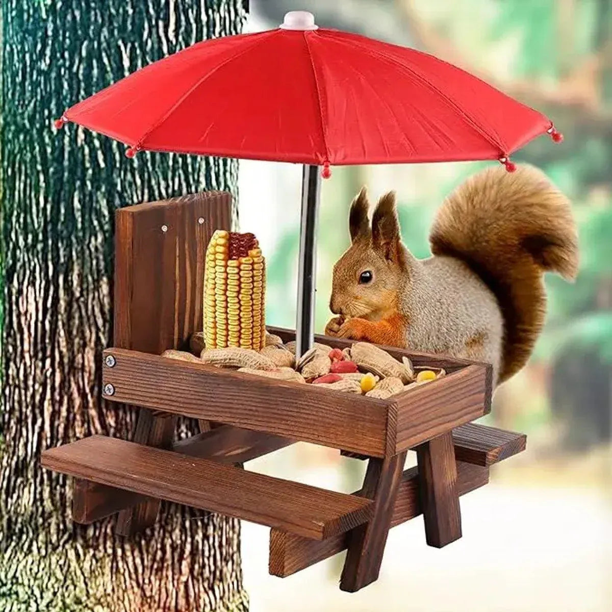 Wooden Squirrel Feeder Outdoor Hanging Bird Feeder for Garden Backyard Pets