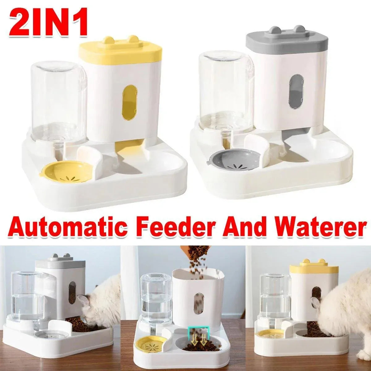2in1 Pet Bowl Vertical Feeder and Drinker Cat Dog Bowl Water and Food in One - Grey