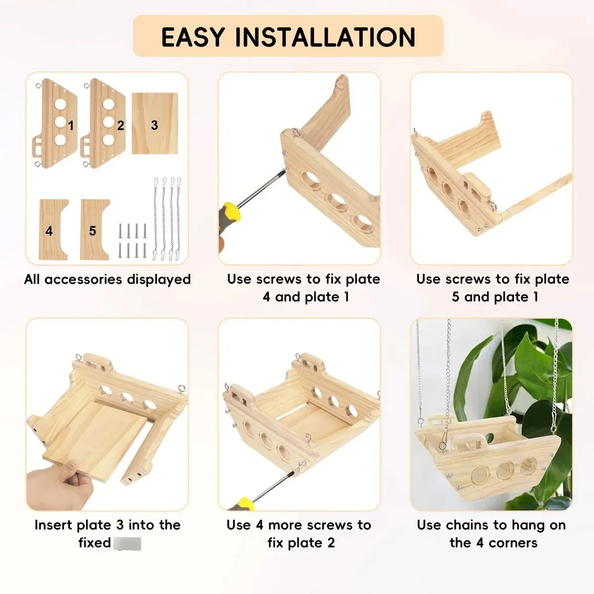 Wooden Cradle Swing Hammock Cage Accessory for Small Pets