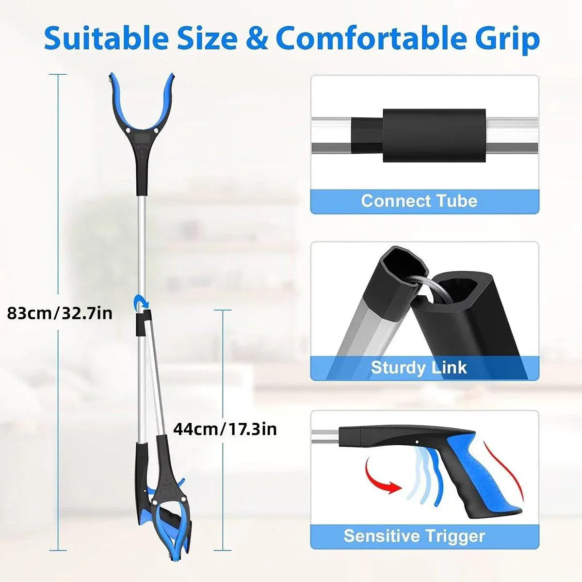 Folding Rubbish Picker Clip Hygiene Trash Grabber Long Handle Waste Cleaner Tool - Blue - Mekamart Australia