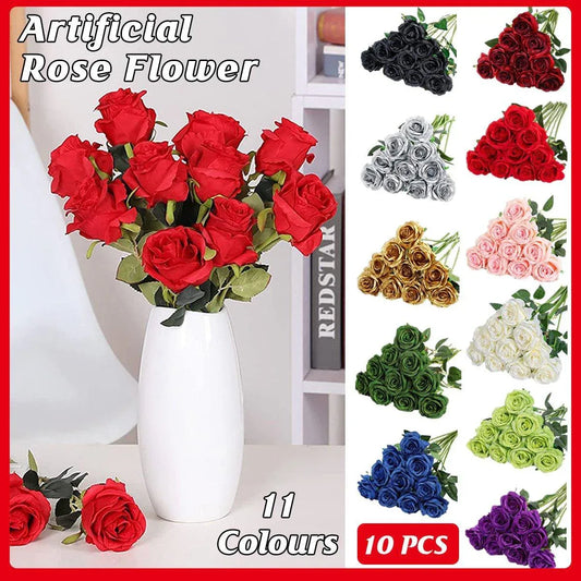 10pcs Artificial Silk Simulation Rose Flowers - Wedding Party Home Decorations - Light-Pink - Mekamart Australia